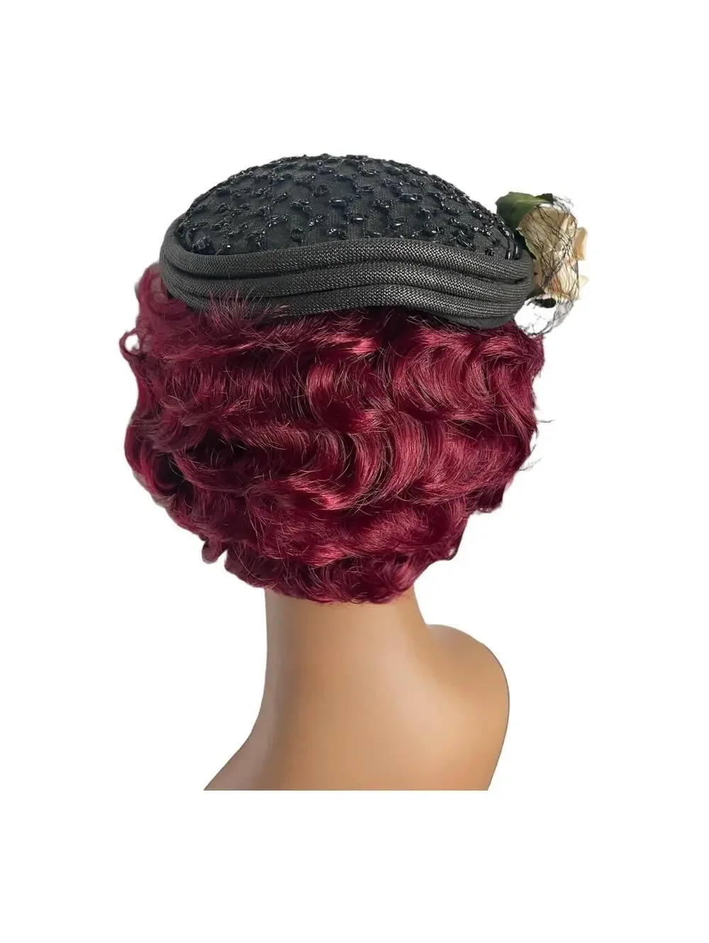 Vintage Beaded Pillbox Hat: Black Clip-on with Faux Rose